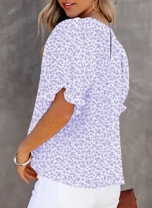 Dokotoo Floral Print Blouses for Women Crewneck Smocked Puff Sleeve Shirts Casual Babydoll Tops - Image 14