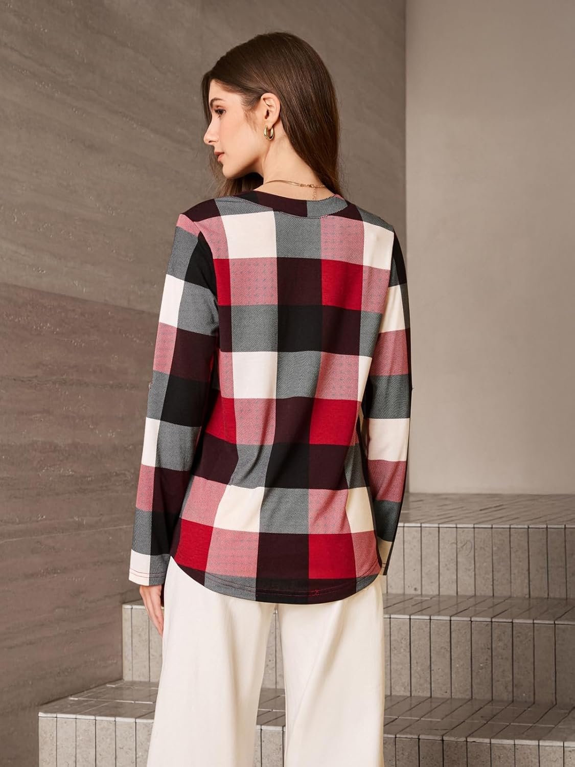 Dokotoo Womens Basic Casual V Neck Plaid Print Cuffed Long Sleeve Work Tops Blouses Shirts S-3XL - Image 18