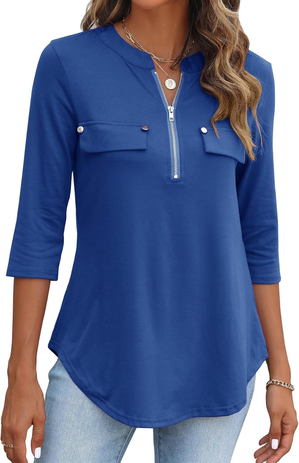 Halife Women's 3/4 Length Sleeve V Neck Flowy Tunic Blouses Work Tops Shirts with Zippers - Image 15