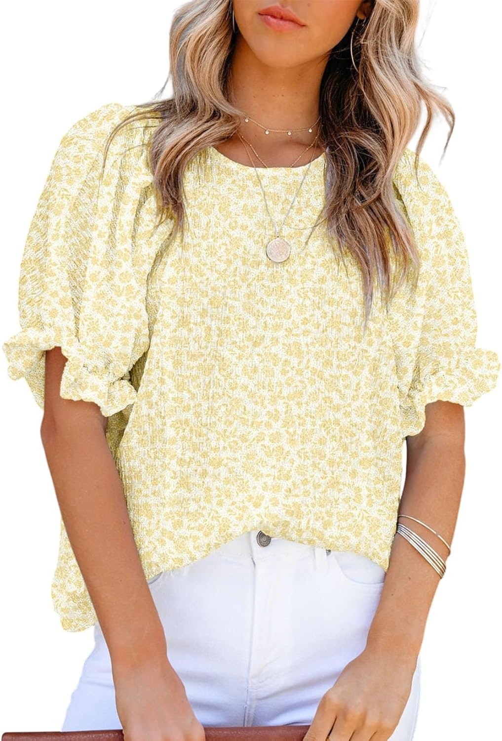 Dokotoo Floral Print Blouses for Women Crewneck Smocked Puff Sleeve Shirts Casual Babydoll Tops - Image 15