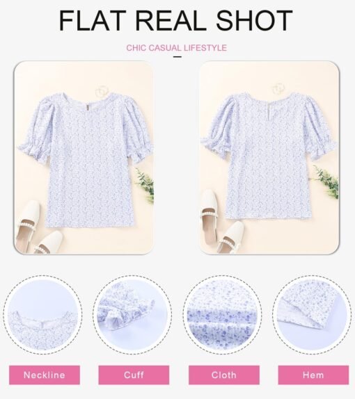 Dokotoo Floral Print Blouses for Women Crewneck Smocked Puff Sleeve Shirts Casual Babydoll Tops - Image 12