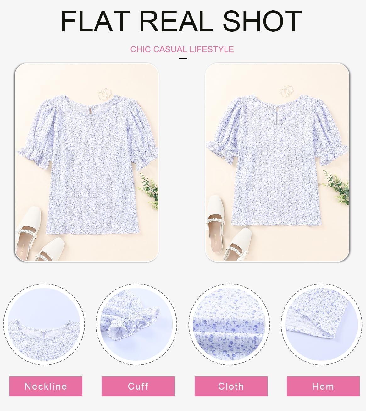 Dokotoo Floral Print Blouses for Women Crewneck Smocked Puff Sleeve Shirts Casual Babydoll Tops - Image 12