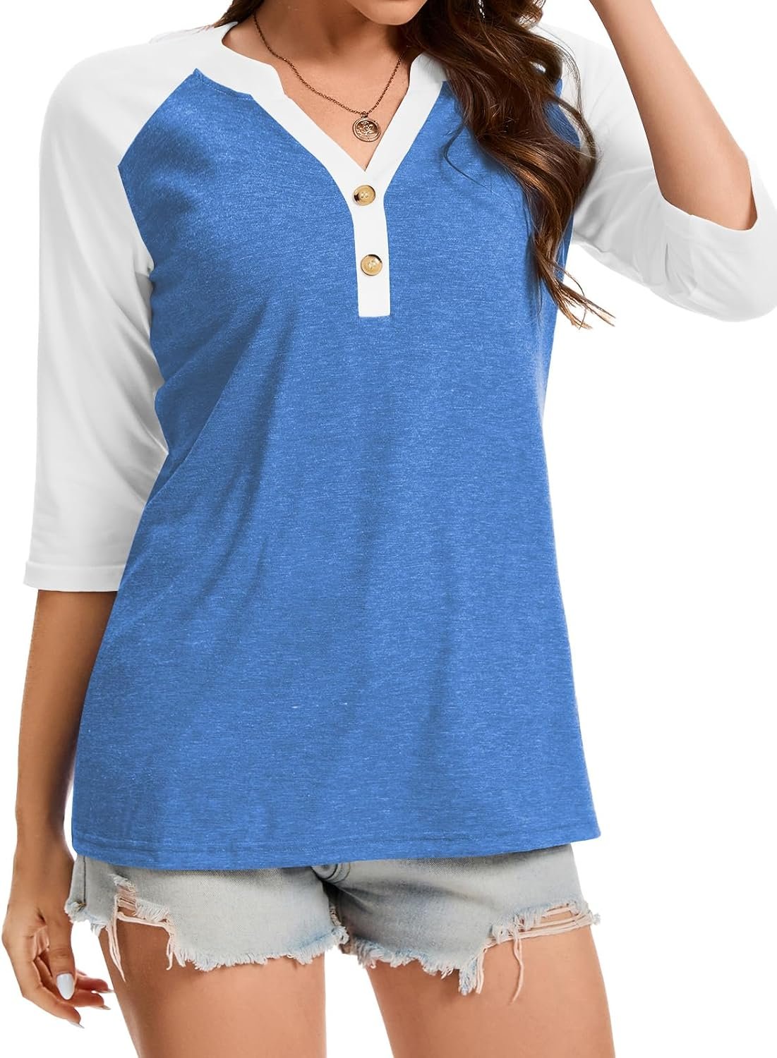 Dimur Womens Tops 3/4 Sleeve V Neck Button Down Shirts Business Casual Outfit Basic Tees Summer Top 2025 - Image 3