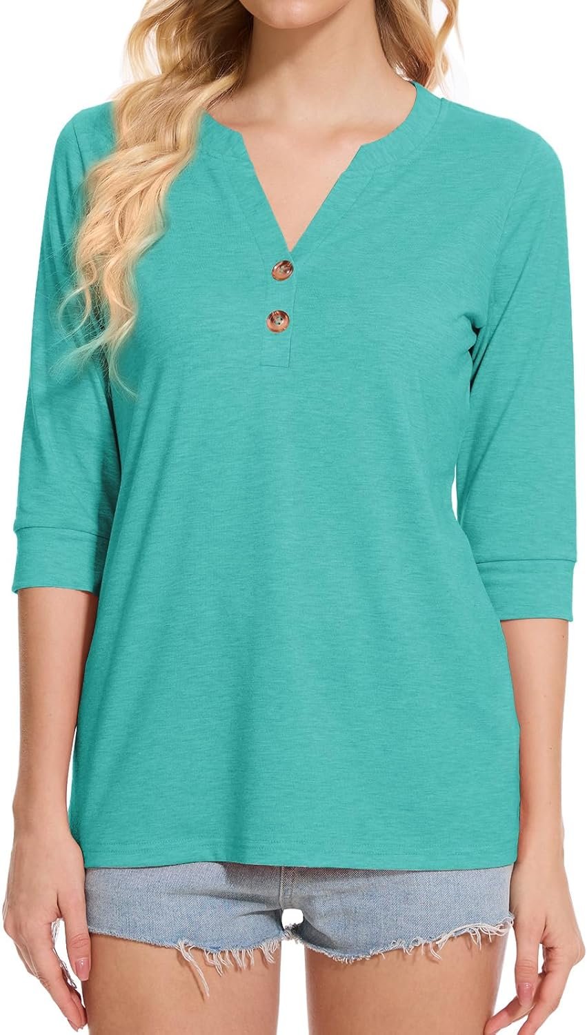 Dimur Womens Tops 3/4 Sleeve V Neck Button Down Shirts Business Casual Outfit Basic Tees Summer Top 2025 - Image 7