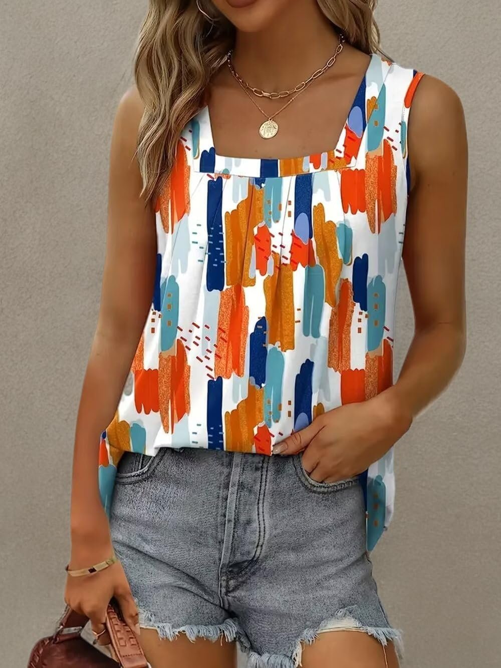 AIMITAG Color Block Ruffled Square Collar Tank Top Women Striped Tank Tee Summer Casual Loose Fit Sleeveless Shirt - Image 18