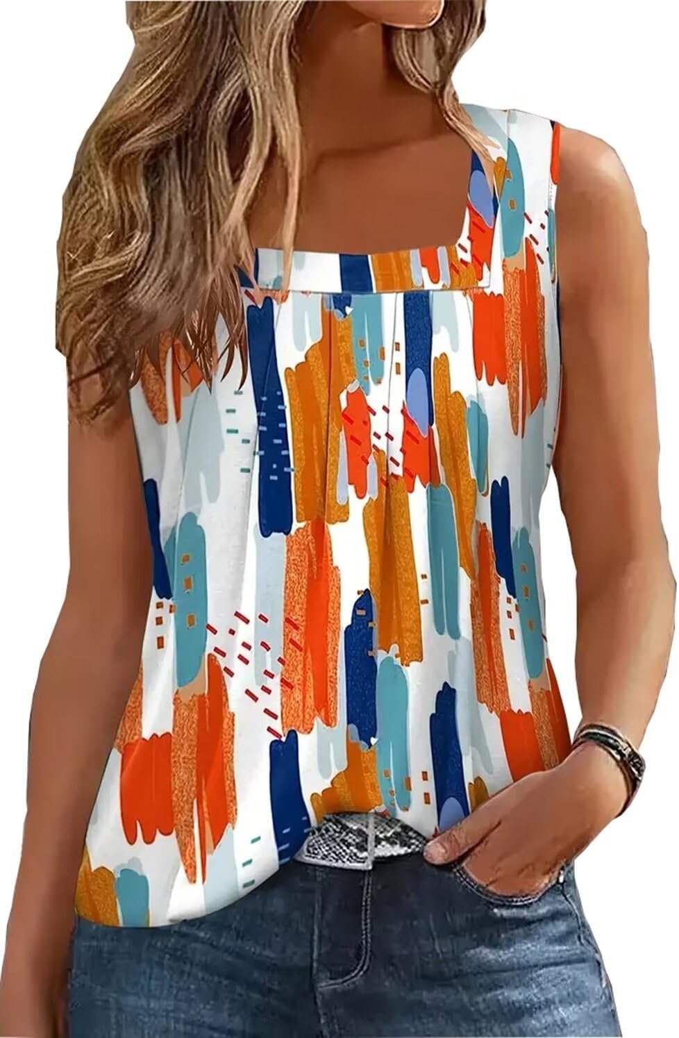 AIMITAG Color Block Ruffled Square Collar Tank Top Women Striped Tank Tee Summer Casual Loose Fit Sleeveless Shirt - Image 15