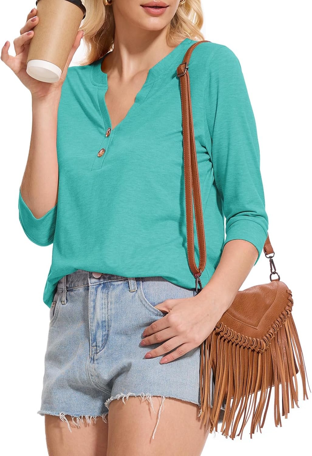 Dimur Womens Tops 3/4 Sleeve V Neck Button Down Shirts Business Casual Outfit Basic Tees Summer Top 2025 - Image 12