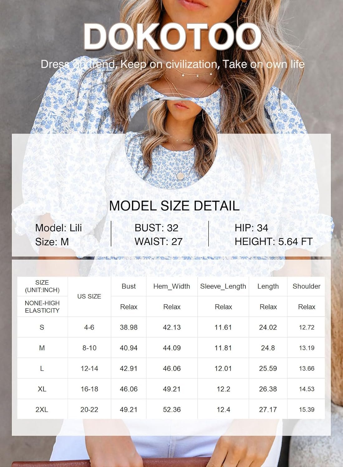 Dokotoo Floral Print Blouses for Women Crewneck Smocked Puff Sleeve Shirts Casual Babydoll Tops - Image 6