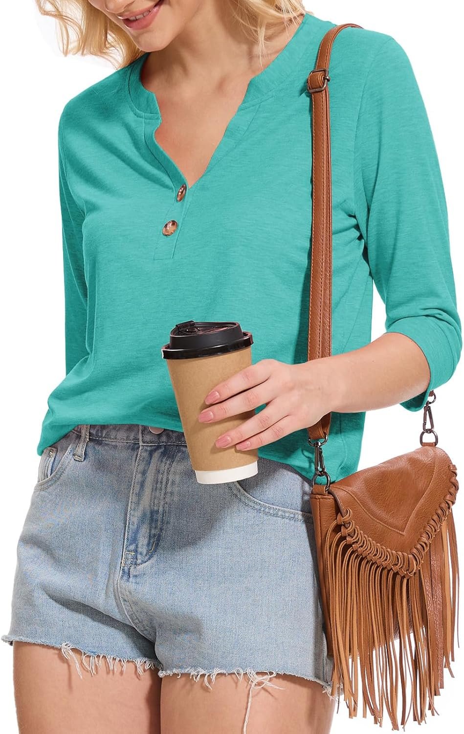 Dimur Womens Tops 3/4 Sleeve V Neck Button Down Shirts Business Casual Outfit Basic Tees Summer Top 2025 - Image 8