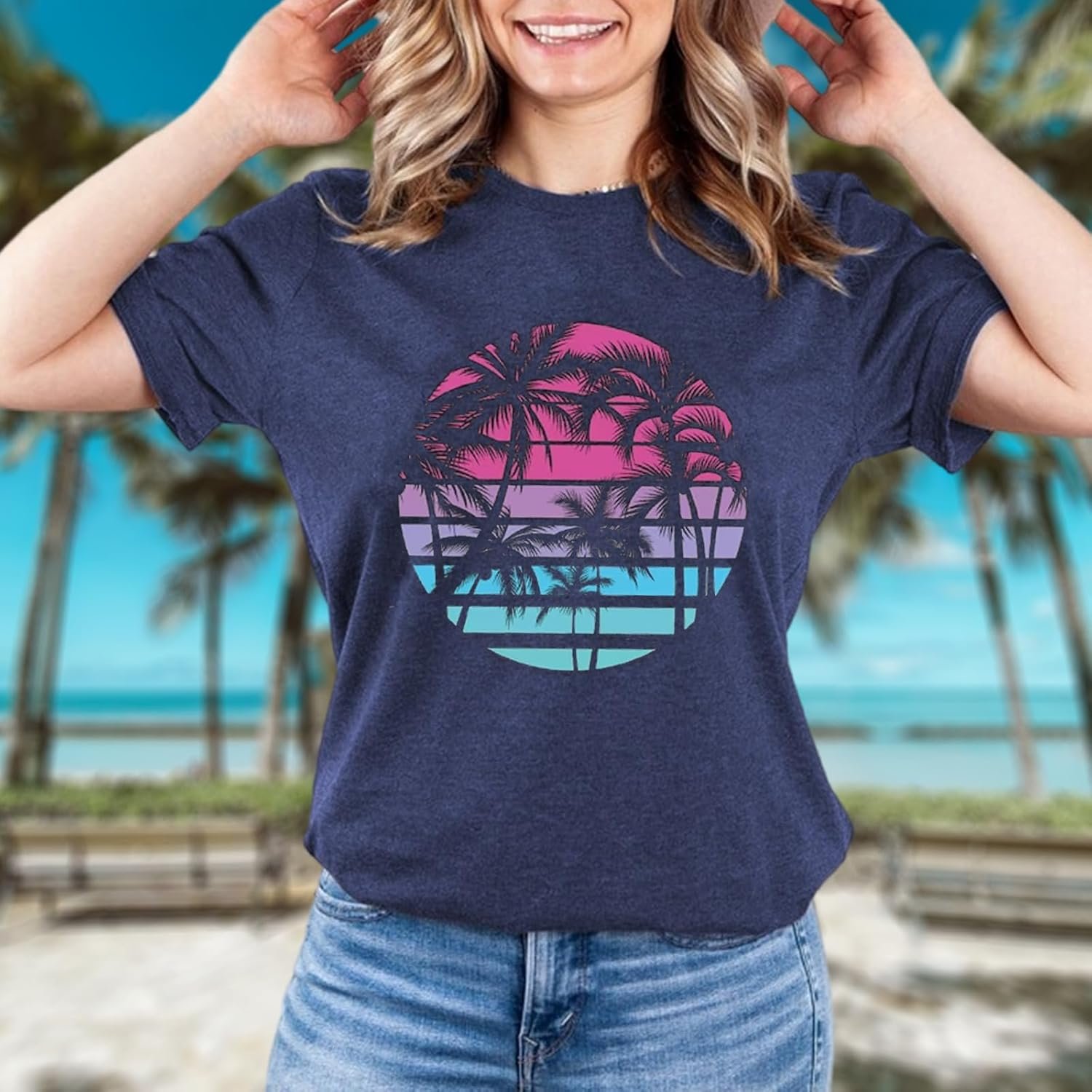 Hawaiian Shirts for Women Palm Trees Beach Graphic Tee Tops Summer Vacation Short Sleeve Tshirt Tops - Image 19