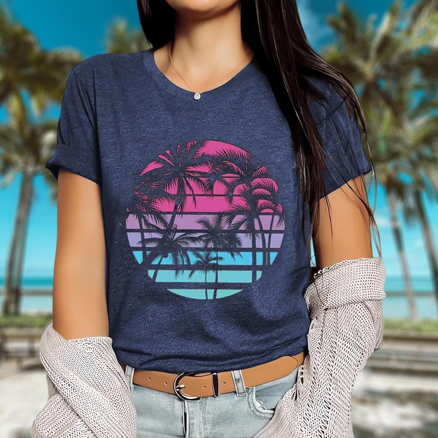Hawaiian Shirts for Women Palm Trees Beach Graphic Tee Tops Summer Vacation Short Sleeve Tshirt Tops - Image 18