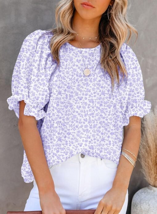 Dokotoo Floral Print Blouses for Women Crewneck Smocked Puff Sleeve Shirts Casual Babydoll Tops - Image 9