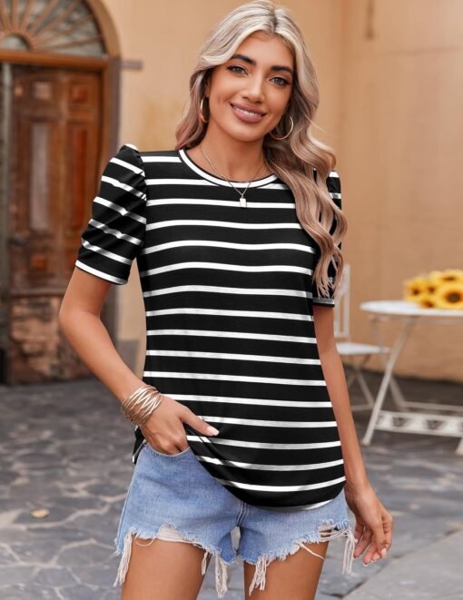 Zeagoo Blouse for Women Dressy Casual Puff Short Sleeve Boho Tops Fashion Floral Crew Neck Tunic Shirts Summer Clothes - Image 7