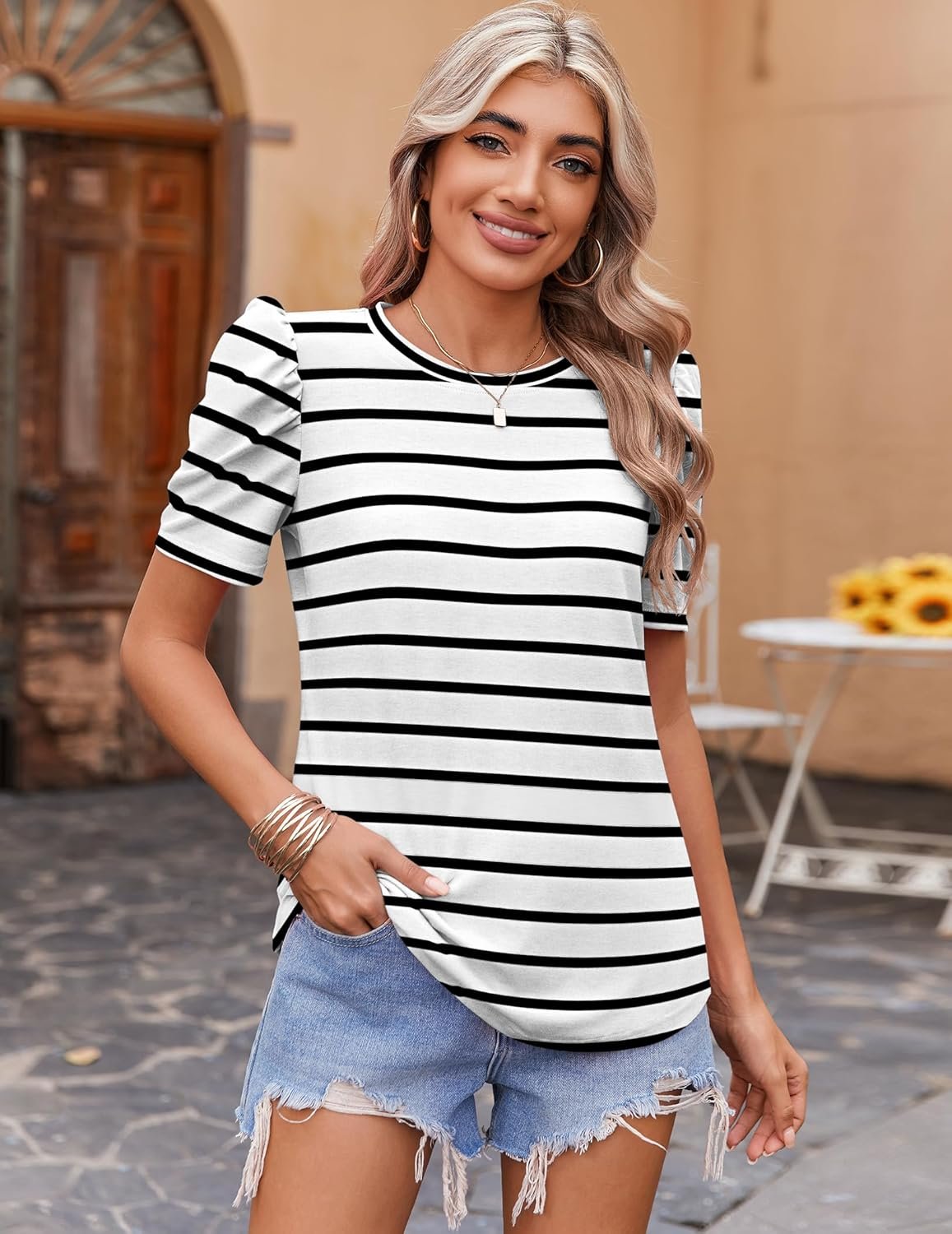 Zeagoo Blouse for Women Dressy Casual Puff Short Sleeve Boho Tops Fashion Floral Crew Neck Tunic Shirts Summer Clothes - Image 14