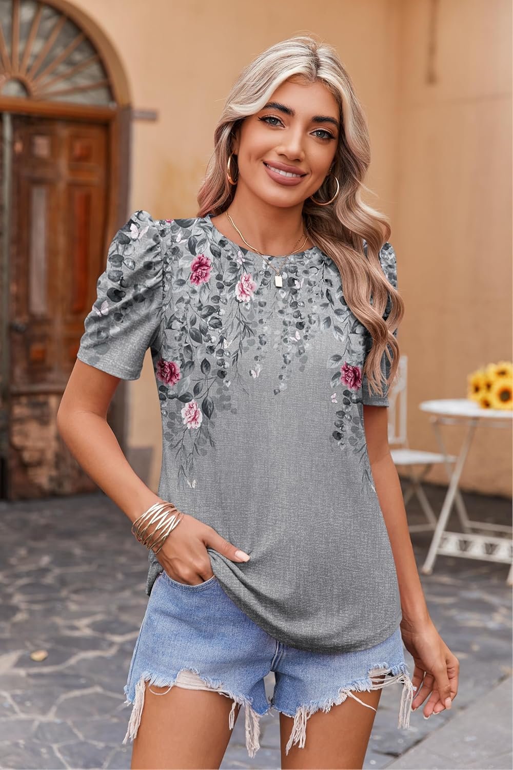 Zeagoo Blouse for Women Dressy Casual Puff Short Sleeve Boho Tops Fashion Floral Crew Neck Tunic Shirts Summer Clothes - Image 11