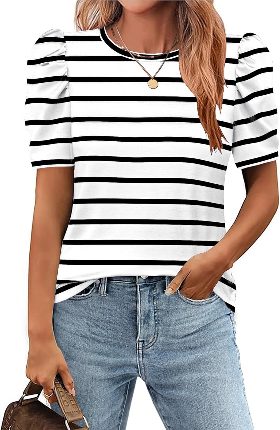 Zeagoo Blouse for Women Dressy Casual Puff Short Sleeve Boho Tops Fashion Floral Crew Neck Tunic Shirts Summer Clothes - Image 12