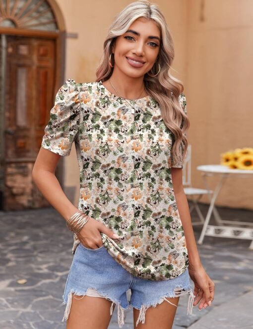 Zeagoo Blouse for Women Dressy Casual Puff Short Sleeve Boho Tops Fashion Floral Crew Neck Tunic Shirts Summer Clothes - Image 3
