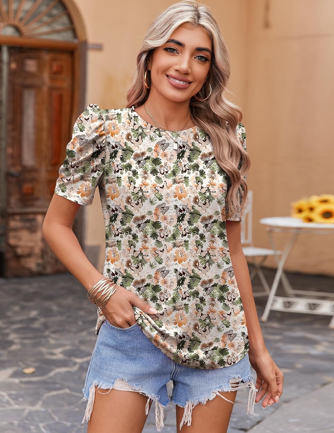 Zeagoo Blouse for Women Dressy Casual Puff Short Sleeve Boho Tops Fashion Floral Crew Neck Tunic Shirts Summer Clothes - Image 3