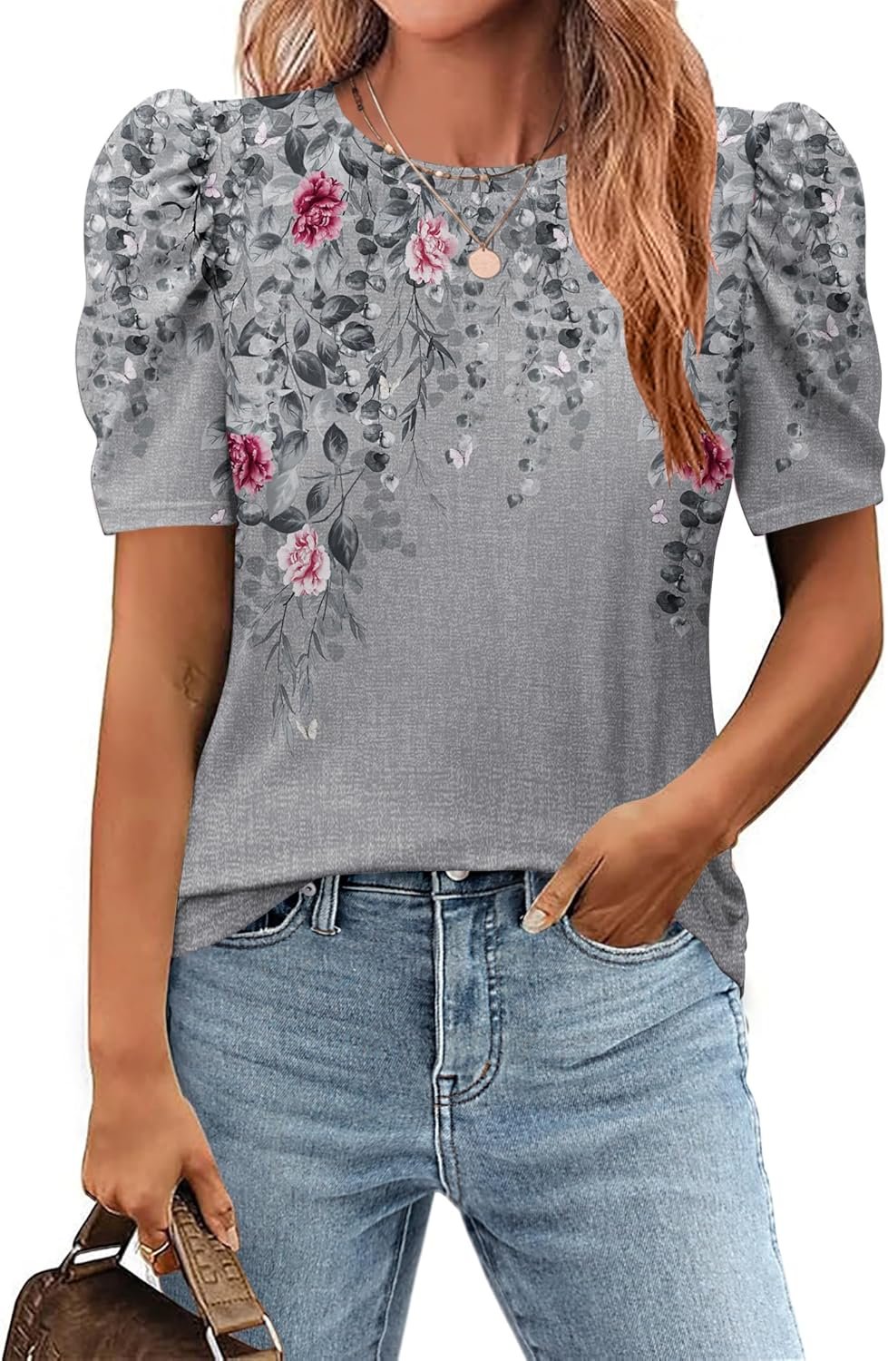 Zeagoo Blouse for Women Dressy Casual Puff Short Sleeve Boho Tops Fashion Floral Crew Neck Tunic Shirts Summer Clothes - Image 8
