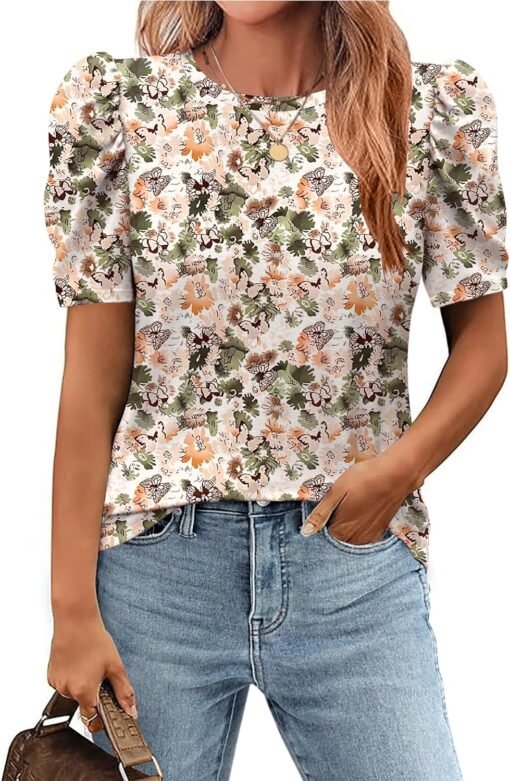 Zeagoo Blouse for Women Dressy Casual Puff Short Sleeve Boho Tops Fashion Floral Crew Neck Tunic Shirts Summer Clothes