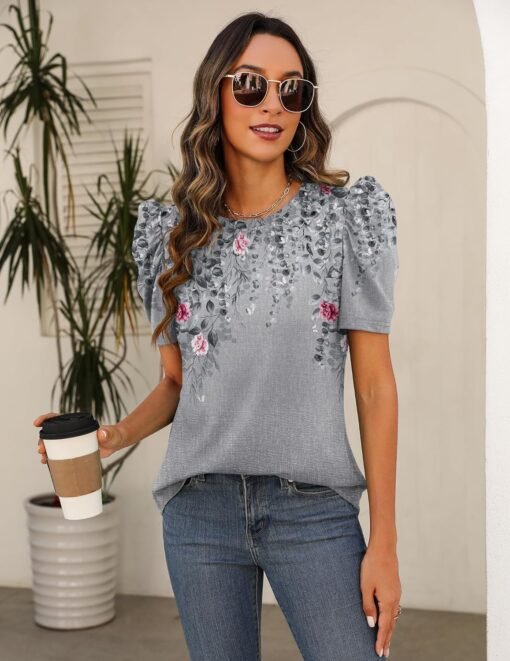 Zeagoo Blouse for Women Dressy Casual Puff Short Sleeve Boho Tops Fashion Floral Crew Neck Tunic Shirts Summer Clothes - Image 9
