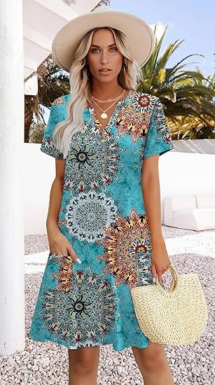 Women 2025 Casual Summer V Neck Wedding Guest Dress Short Sleeve Fashion Beach Vacation Clothes - Image 3