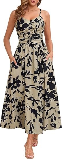 2025 Summer Fall Ruched Maxi Dress Adjustable Spaghetti Strap Floral Beach Long Sundress with Pockets - Image 2