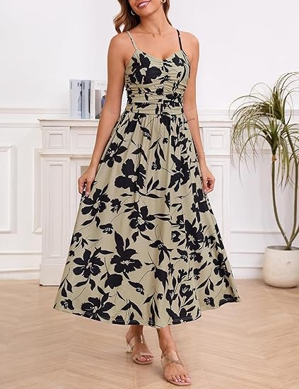 2025 Summer Fall Ruched Maxi Dress Adjustable Spaghetti Strap Floral Beach Long Sundress with Pockets