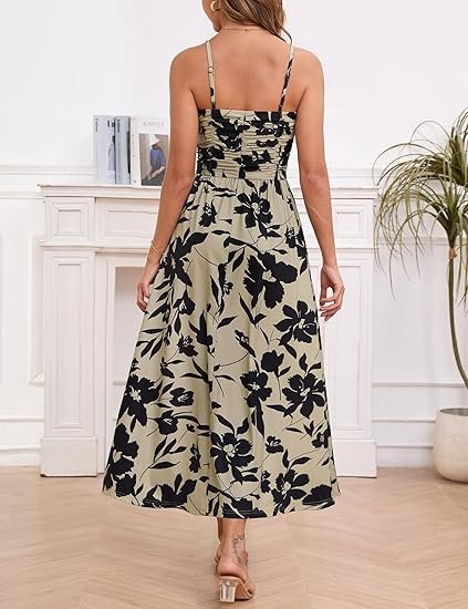 2025 Summer Fall Ruched Maxi Dress Adjustable Spaghetti Strap Floral Beach Long Sundress with Pockets - Image 4