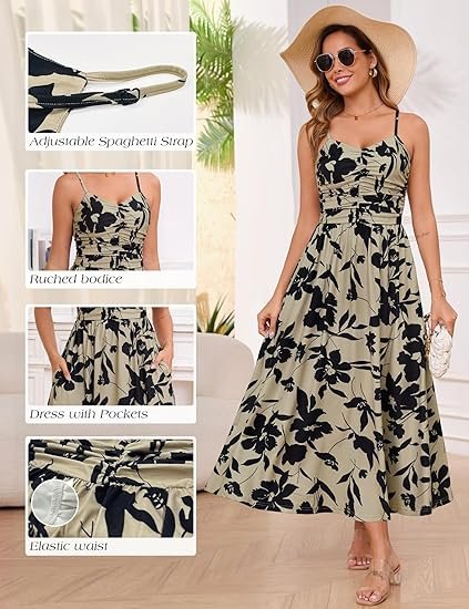 2025 Summer Fall Ruched Maxi Dress Adjustable Spaghetti Strap Floral Beach Long Sundress with Pockets - Image 6