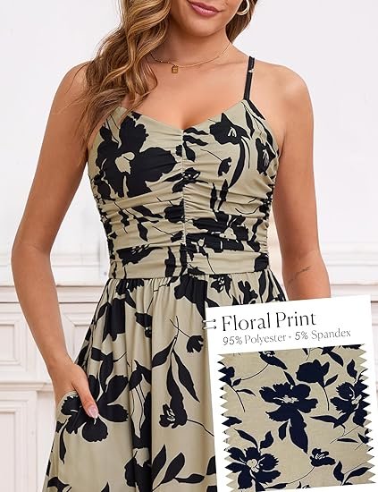 2025 Summer Fall Ruched Maxi Dress Adjustable Spaghetti Strap Floral Beach Long Sundress with Pockets - Image 7
