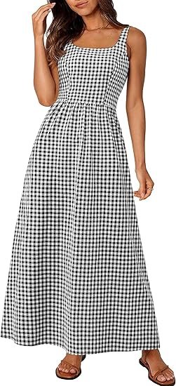 Women's 2025 Summer Spaghetti Strap Maxi Dresses Plaid Square Neck A Line Casual Beach Vacation Long Sundress - Image 2