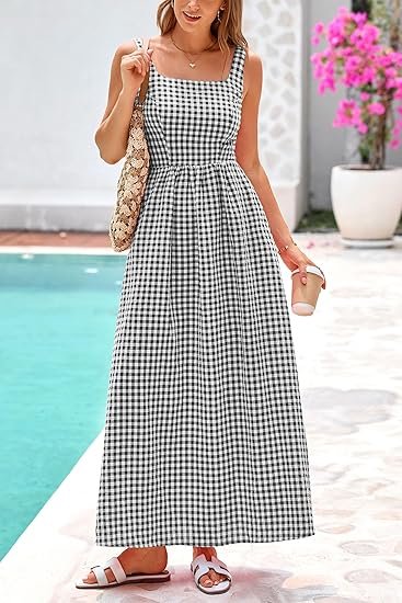 Women's 2025 Summer Spaghetti Strap Maxi Dresses Plaid Square Neck A Line Casual Beach Vacation Long Sundress