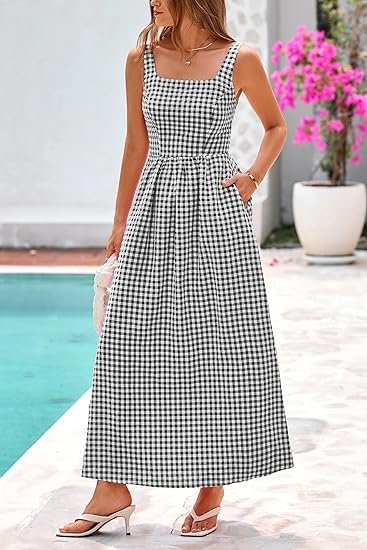Women's 2025 Summer Spaghetti Strap Maxi Dresses Plaid Square Neck A Line Casual Beach Vacation Long Sundress - Image 5
