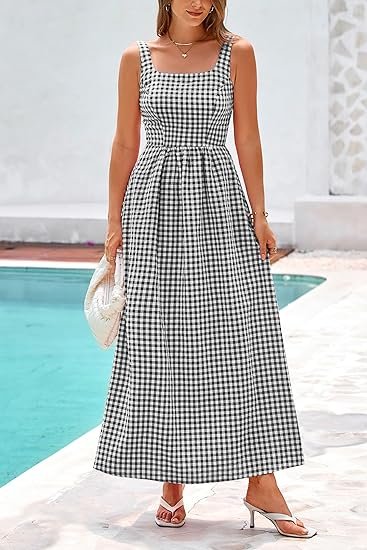Women's 2025 Summer Spaghetti Strap Maxi Dresses Plaid Square Neck A Line Casual Beach Vacation Long Sundress - Image 6
