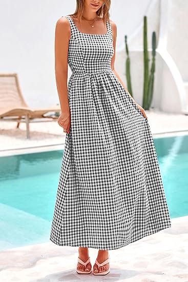 Women's 2025 Summer Spaghetti Strap Maxi Dresses Plaid Square Neck A Line Casual Beach Vacation Long Sundress - Image 7