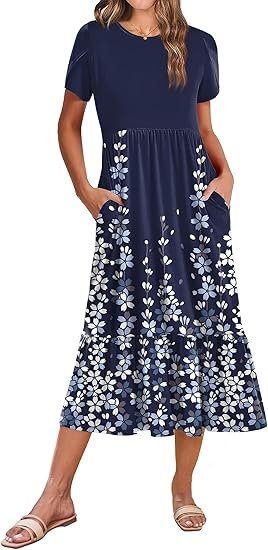 Women Summer Midi A Line Dress Short Sleeve Casual Flowy Tiered Beach Long Sundress with Pockets 2025 Vacation Travel