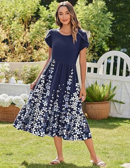 Women Summer Midi A Line Dress Short Sleeve Casual Flowy Tiered Beach Long Sundress with Pockets 2025 Vacation Travel - Image 3