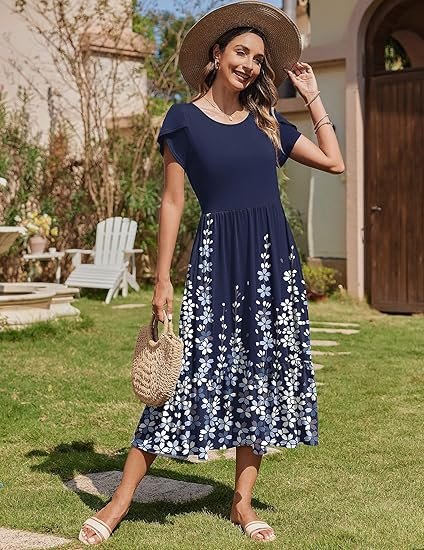 Women Summer Midi A Line Dress Short Sleeve Casual Flowy Tiered Beach Long Sundress with Pockets 2025 Vacation Travel - Image 4