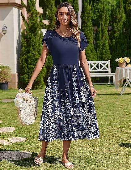 Women Summer Midi A Line Dress Short Sleeve Casual Flowy Tiered Beach Long Sundress with Pockets 2025 Vacation Travel - Image 5