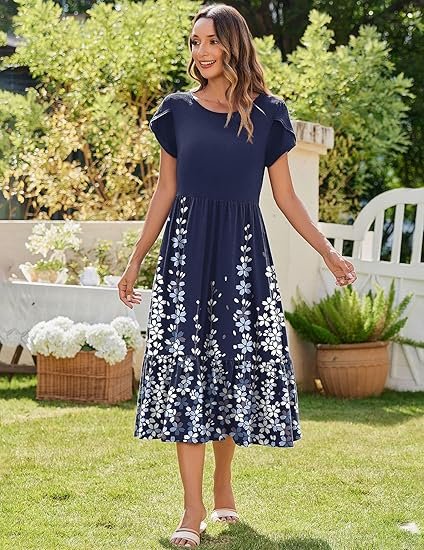 Women Summer Midi A Line Dress Short Sleeve Casual Flowy Tiered Beach Long Sundress with Pockets 2025 Vacation Travel - Image 6