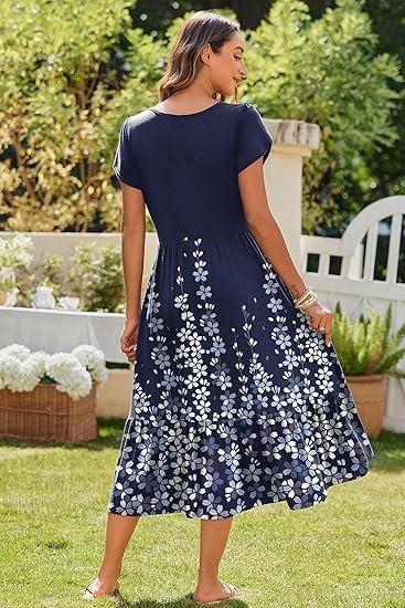 Women Summer Midi A Line Dress Short Sleeve Casual Flowy Tiered Beach Long Sundress with Pockets 2025 Vacation Travel - Image 7